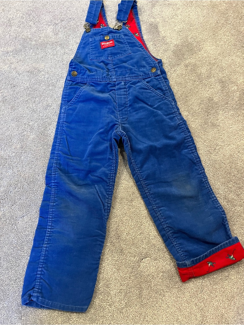 OshKosh B'gosh Royal Blue Corduroy Overalls lined with Red Hockey player flannel